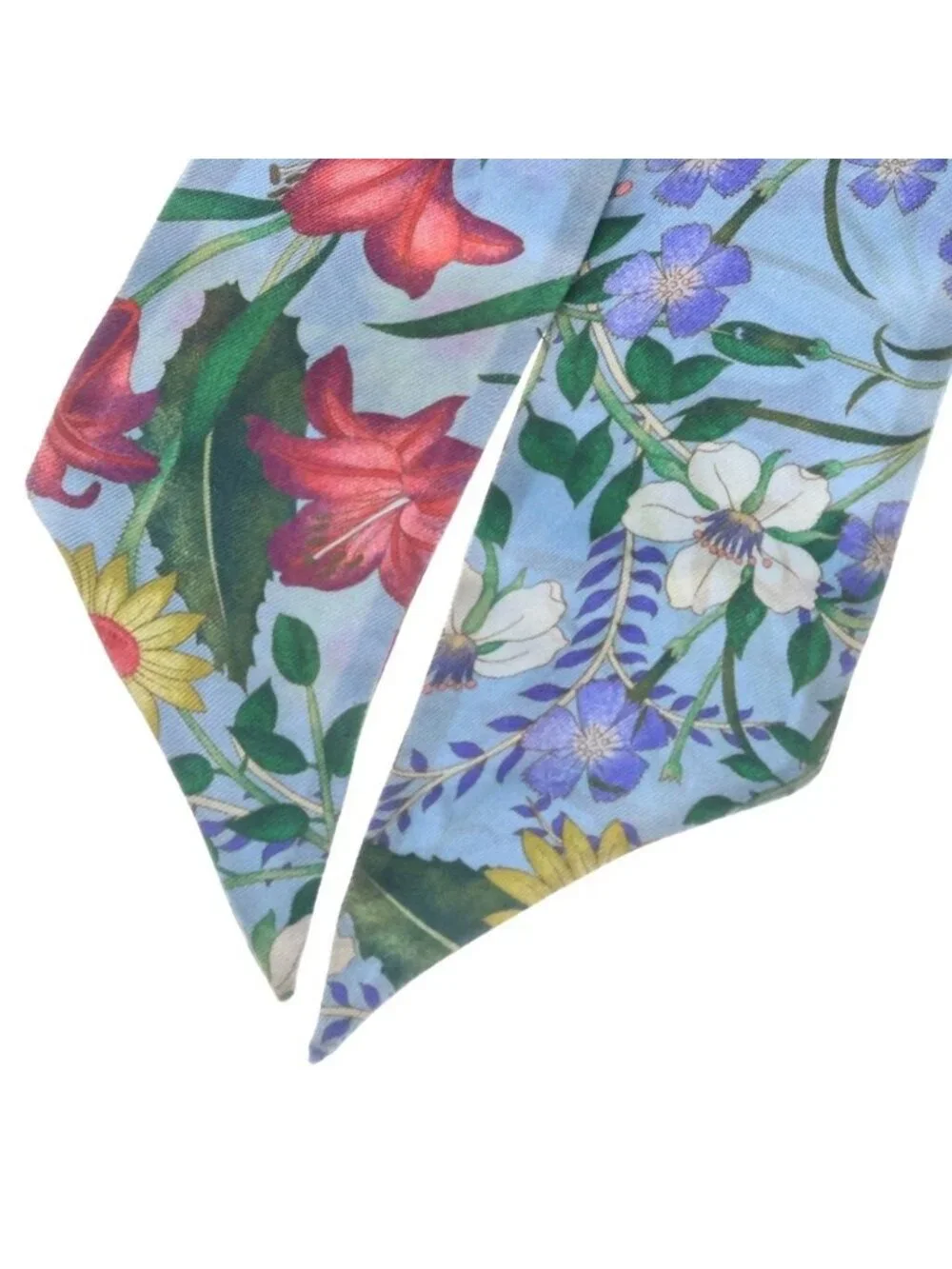 Gucci Floral Print Silk Neck Bow Twilly Blue Scarf
